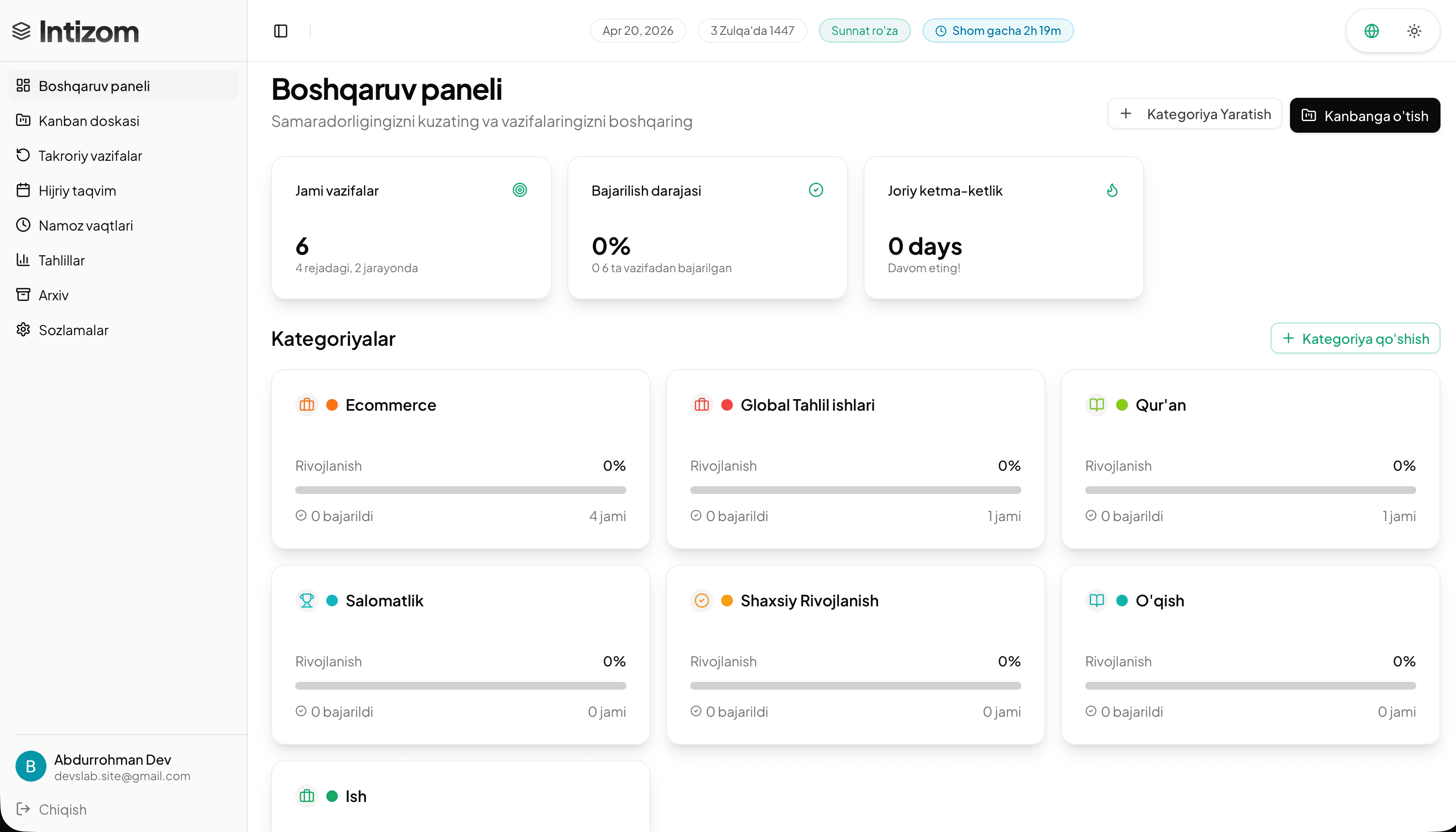 Intizom desktop secondary view